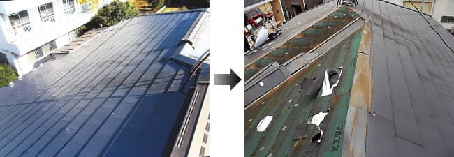 コロニアル屋根にガルバリウム鋼鈑でカバー工法したら雨漏り、再葺き替え