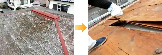 屋根カバー工法✖ 下地が傷んでバラバラに剥がれてた