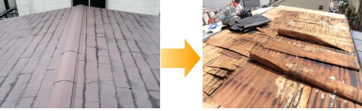 トタン屋根をコロニアルへ葺き替え、雨漏りで腐った野地板