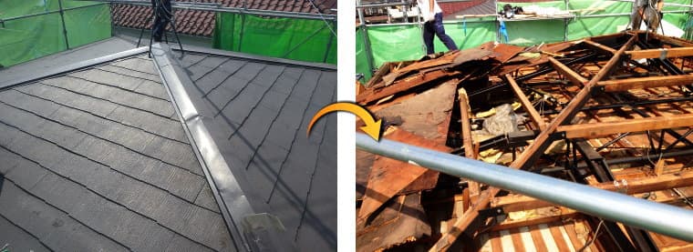 屋根塗装で雨漏りしたスレート（カラーベストコロニアル）屋根、下地だけでなく骨組みまで腐った