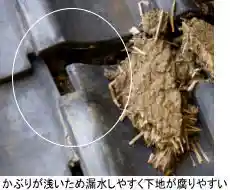瓦屋根の漏水部分。下地が腐りやすい