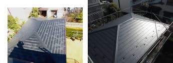 鎌倉での二棟同時に屋根工事。コロニアルへのカバー工法工事写真