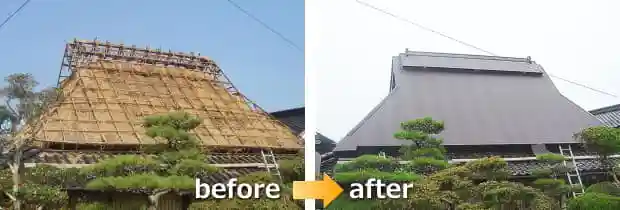 茅葺きに被せたトタン屋根の張り替え