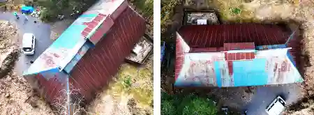 錆びた茅葺きトタン屋根