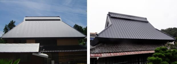 茅葺屋根に縦葺き屋根を被せた屋根工事例
