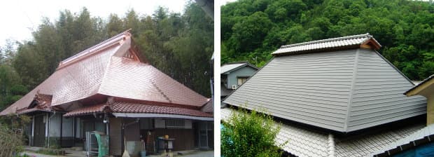 茅葺屋根に銅板と横葺き屋根を被せた屋根工事例