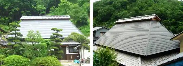 茅葺屋根に横葺きガルバリウム鋼鈑を被せた工事