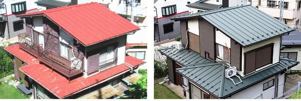 トタン屋根の葺き替え、前と後の写真
