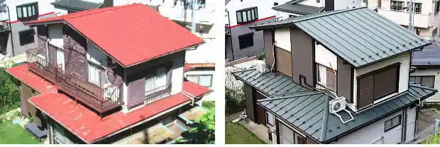 トタン屋根の葺き替え、前と後の写真