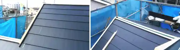 ニチハ・パミール屋根の棟違い・壁際などのガルバへの屋根葺き替え工事