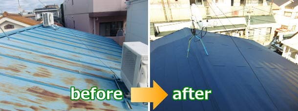 雨漏りしていたトタン屋根をガルバリウム鋼板屋根へ葺き替えたビフォーアフター写真