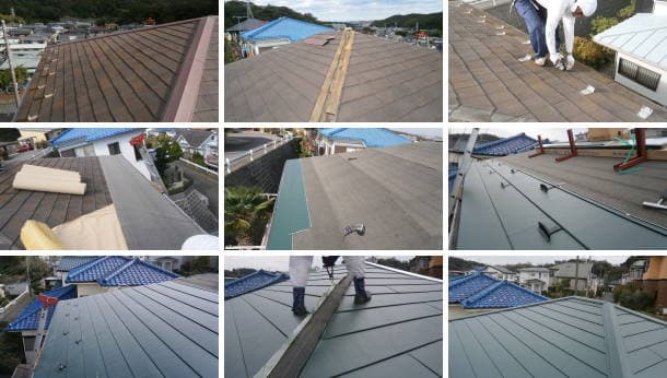 屋根カバー工法（屋根重ね葺き）の工事、二階部分の工程写真