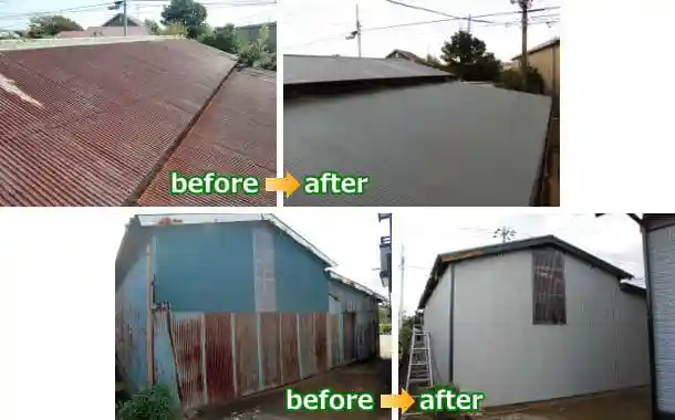 自宅に隣接する納屋の屋根と外壁を張り替えたビフォーアフター写真