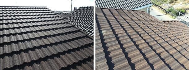 自然石粒の付いたディーズルーフィングのクラシックタイルへ屋根葺き替えの施工完成写真