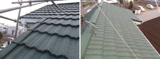 D'sルーフィングのジンカリウム鋼板、クラシックタイルで屋根カバー工法完成写真