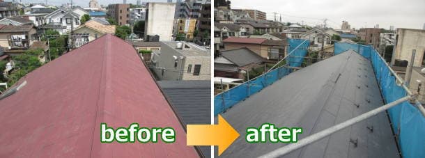 三階建て屋根の葺き替えbefore＆after写真
