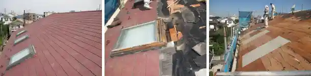 雨漏りした3か所のトップライト（天窓）を取り外して屋根葺き替え
