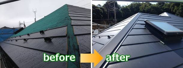 他の屋根業者による施工不良、ガルバリウム鋼板の屋根葺き替え工事やり直しbefore＆after写真