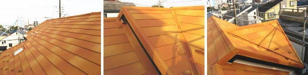 外壁と同系色で施工されたスレート屋根へのカバー工法。