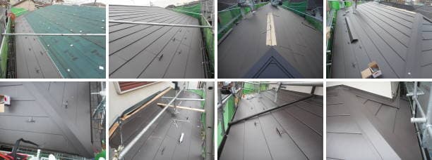 屋根カバー工法、ルーフィングから完成までの工程写真。
