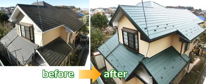 コロニアル屋根に横暖ルーフでカバー工法before＆after写真