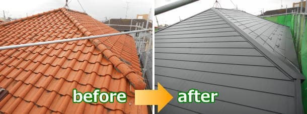洋瓦からガルバリウム鋼板屋根への屋根葺き替え工事。大田区