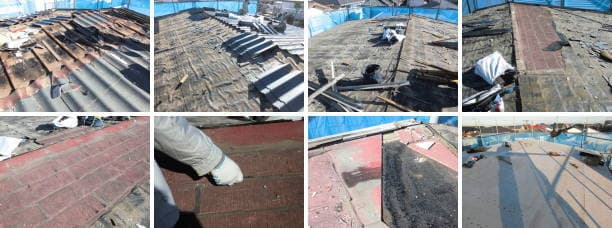 かわらuとコロニアル、トタン屋根が混在し雨漏りしていた積水ハウスの屋根撤去作業。