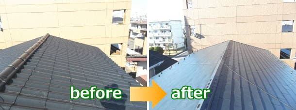屋根塗装したセキスイかわらuをダンネツトップへ屋根葺き替えbefore＆after