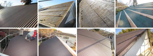 トタン波板からカラーステンレス波板屋根への葺き替え工程写真