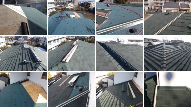 ジンカリウム鋼板屋根の葺き替え工事工程写真。
