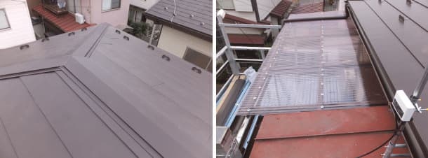 屋根葺き替え完成写真とテラスの塩ビ屋根張り替え