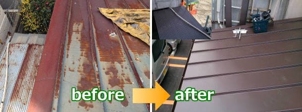 トタン瓦棒から立平葺きへの屋根葺き替え工事。before＆after施工写真