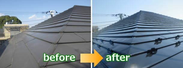 フッ素塗装ガルバリウム鋼板の屋根塗装。before＆after施工写真