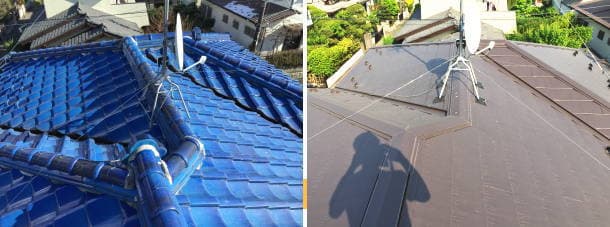 日本瓦からガルバ屋根（横暖ルーフ）への屋根葺き替え工事。before＆after施工写真