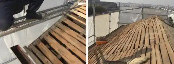 下地の杉板もひどい状態なので新しい物に取り替え