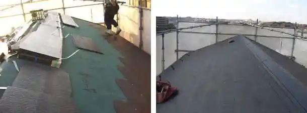 瓦屋根をスレート屋根のコロニアルクアッドへ葺き替え