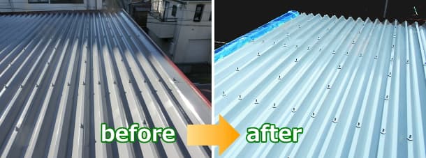 ハウスメーカーの折半屋根にルーフデッキ屋根カバー工法before＆after施工写真