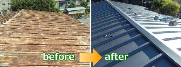 工場のトタン屋根にカバールーフ66ロックで屋根カバー工法before＆after施工写真