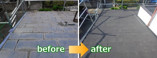 雨漏りで腐った屋根のカバー工法before＆after施工写真