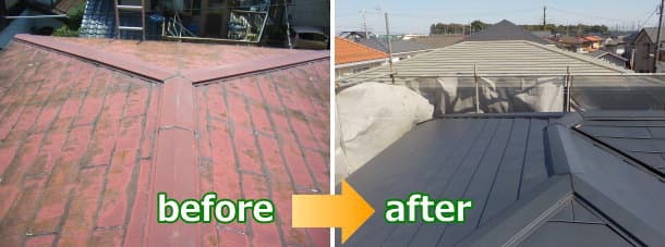 雨漏りするスレート屋根からヒランビーへの屋根葺き替えbefore＆after施工写真