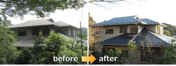 クボタ・アーバニーからガルバリウム鋼板横葺きへの屋根カバー工法before＆after写真