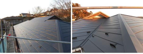 入母屋造りの屋根ガルバリウム屋根カバー工法工事、横暖ルーフ