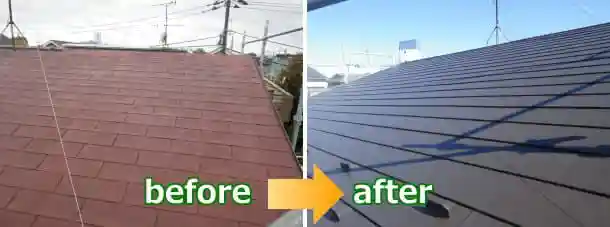 雨漏りするアスファルトシングル屋根のカバー工法before&after写真