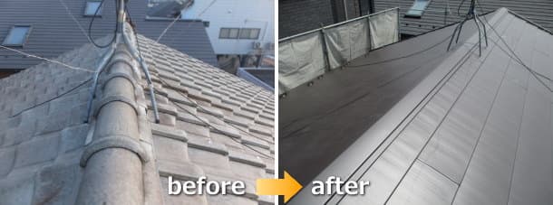 さいたま市での瓦からガルバリウム鋼板屋根への葺き替えbefore＆after写真