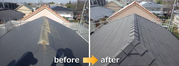 世田谷区でのスレートからジンカリウム鋼板屋根のディプロマットへ屋根葺き替えbefore＆after写真
