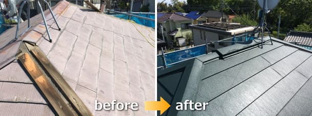 相模原市でのスレート屋根にスーパーガルテクトで屋根カバー工法before＆after写真