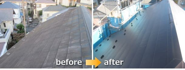 横浜市でのスレートにガルバリウム鋼板屋根カバー工法リフォームbefore＆after写真