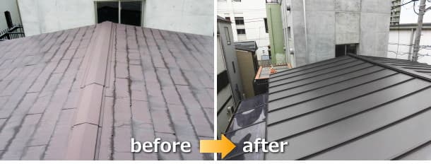 横浜市西区でのスレート屋根から嵌合式スタンビーへの屋根葺き替えリフォームbefore＆after写真