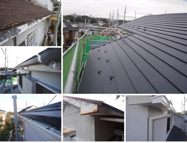 アスファルトシングルからガルバリウム鋼板へ屋根葺き替え、破風板板金工事、雨樋取り換え