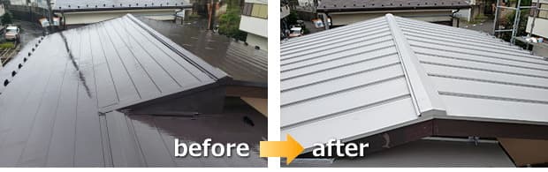 埼玉県所沢市、雨漏りするガルバリウム鋼板の横暖ルーフをスタンビーへ屋根葺き替えbefore・after写真